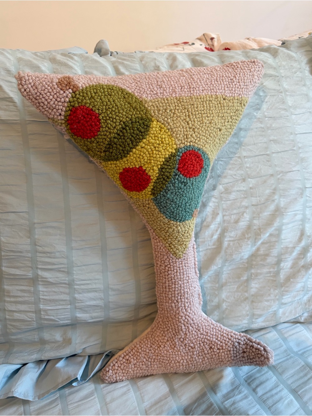 Handcrafted Pink Cocktail Glass Hooked Pillow - Colorful Circle Accent
